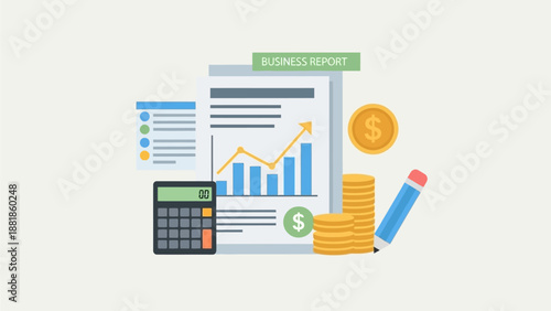 Flat Design Business Report with Growth Chart Calculator and Coins for Financial Analysis