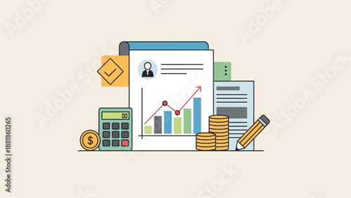 Business Growth and Financial Success Concept with Graph Calculator and Money Stacks