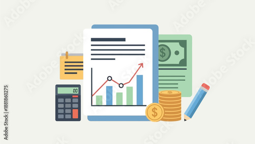 Business Financial Growth Chart on Report with Money and Calculator for Accounting Concept