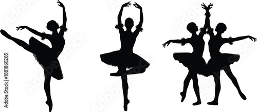 Elegant ballerina group silhouettes and detailed engraving, graceful woman dancing in tutu, classical ballet performance vector set, artistic theater motion, black white graphic.