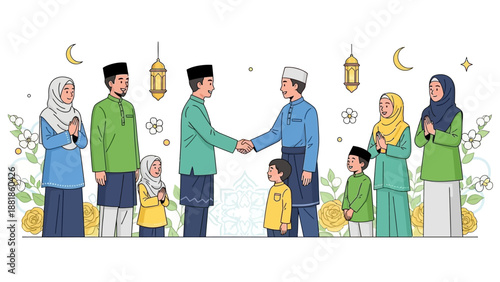 happy muslim family shaking hands on eid al fitr