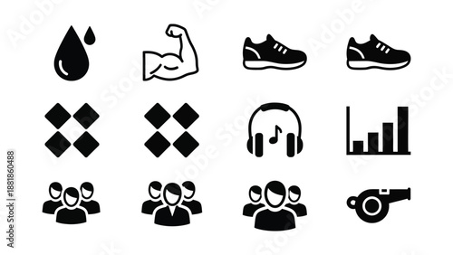 Collection of twelve black and white fitness and activity icons arranged in a grid