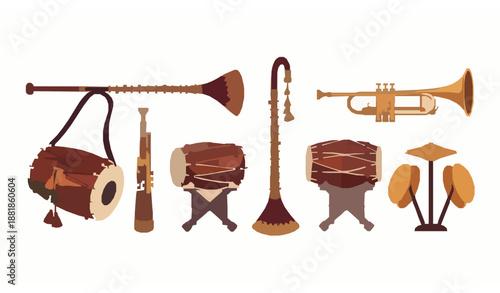 Festive Indian wedding baja music instrument collection for traditional Hindu marriage vector