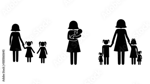 Mother and Children Silhouettes Walking Together.