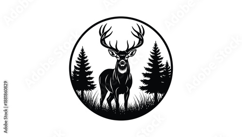 Majestic stag with large antlers standing between tall pine trees in a forest setting