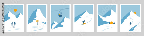 Ski landscape and alpine scenery posters for mountain resort backgrounds advertisements set