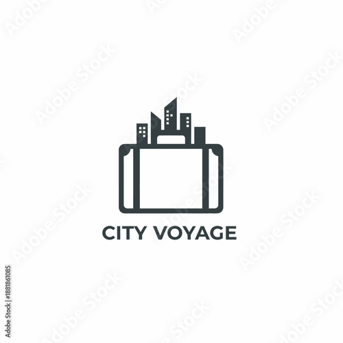 Travel suitcase icon with a city skyline silhouette for tourism agency or business trip branding projects with the text City Voyage.