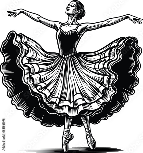 Elegant ballerina dancing in tutu, black and white woodcut engraving style, classical ballet dancer performer, vintage artistic sketch, graceful woman motion vector illustration.