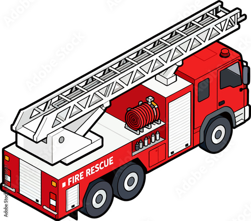 Flat cartoon isometric fire rescue ladder truck with extended ladder hoses and siren from rear angle