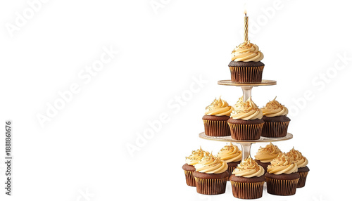 A festive cupcake tower with a single lit candle on top, standing on a transparent background