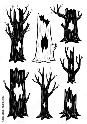 Hand-drawn vector graphic set featuring various spooky, leafless trees and decaying tree stumps with eerie hollows, perfect for Halloween, fantasy, and nature-themed design projects