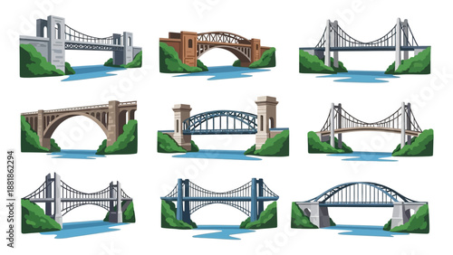 Collection of nine bridge illustrations featuring different architectural styles over a river