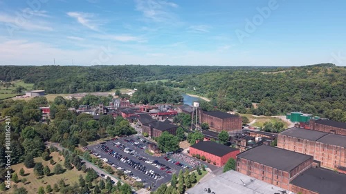 Buffalo Trace Whisky Distillery, aerial wide view over industrial buildings in Kentucky on bourbon trail
