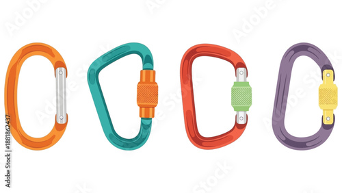 Four colorful climbing carabiners with different screw gate locking mechanisms