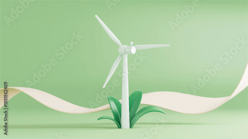 Wind turbine with green grass and wavy paper on green background