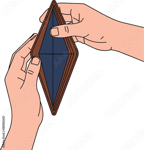 Hands holding open empty brown leather wallet showing no money for financial crisis poverty and bankruptcy concepts.