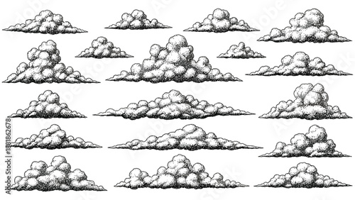 Collection of detailed black and white cumulus cloud illustrations in a vintage stippling style