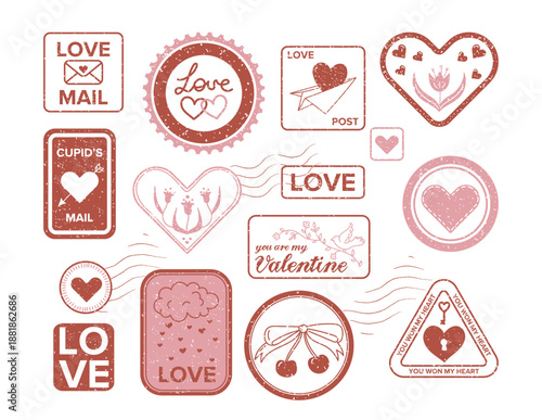 Valentine Day love stamps romantic mail with red and soft pink color in grunge style isolated set