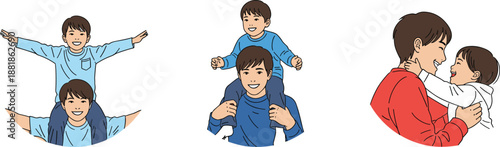 Father, son, set, illustration, vector, family, bonding, love, parent, child, boy, man, playing, piggyback, hug, happy, childhood, isolated, white, background, lifestyle, people