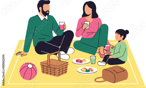Happy family with child having a picnic on a blanket with food drinks and basket for summer leisure.