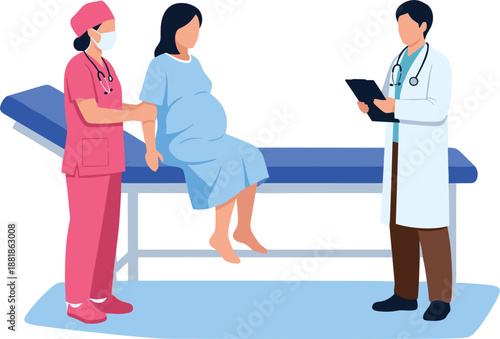 Pregnant woman at medical consultation with doctor and nurse in clinic for prenatal care and maternal health concepts.