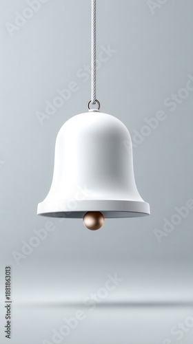 A minimalist white bell hangs from a cord, featuring a golden clapper, set against a subtle gray background.