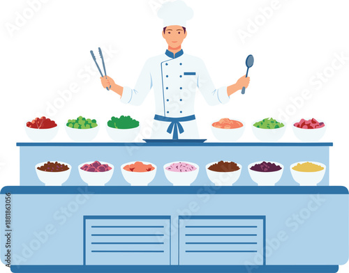 Professional chef in white uniform standing at fresh salad bar food station with assorted vegetable bowls and tongs.