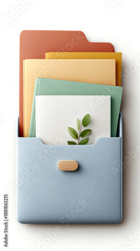 A stylish folder holder displaying colorful files and a small plant, symbolizing organization and a touch of nature in the workspace.