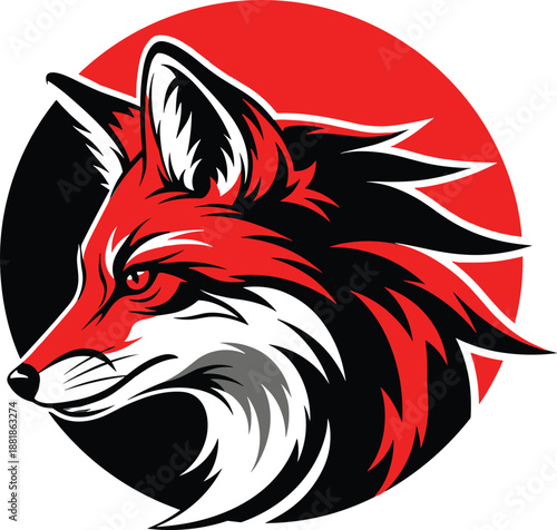 Fox, Head, Mascot, Illustration, Featuring, Red, Black, and, White, Colors, With, a, Fierce, Gaze, Inside, a, Circular, Graphic, For, Branding, Sports, and, Logo