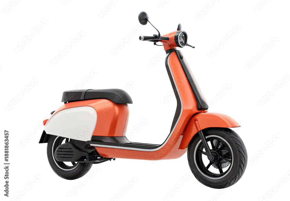 Fototapeta premium Orange modern electric scooter with black seat and trim, isolated on a transparent background