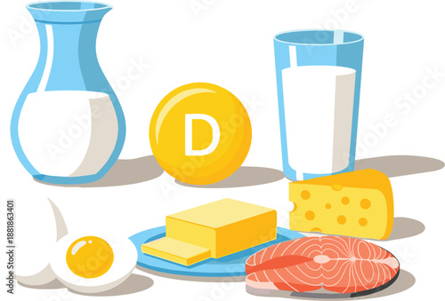 Vitamin D food sources with salmon fish eggs butter cheese milk and dairy products for healthy nutrition concepts.