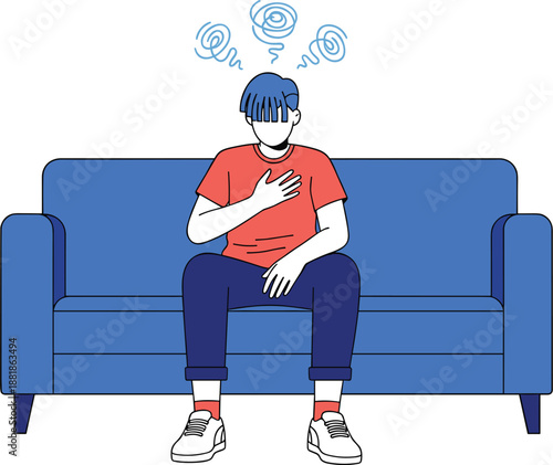 Young man sitting on sofa feeling stressed with chest pain and dizzy symbols for mental health and anxiety concepts.