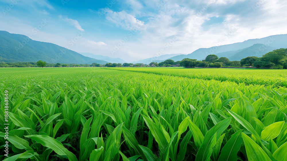 Fototapeta premium Lush green farmland with organized crop fields.