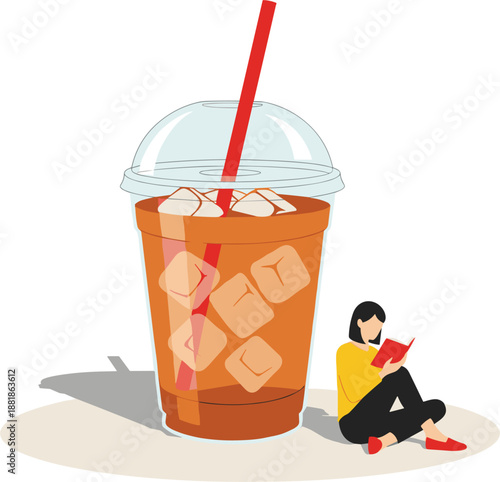 Young woman sitting and reading book leaning against giant iced coffee plastic cup for summer relaxation concept.