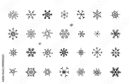 Collection of hand drawn snowflake doodles, whimsical winter ice crystals sketchy line art style