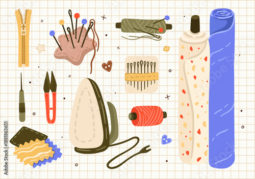 Sewing tools illustration set. Tailoring supplies. Vector.