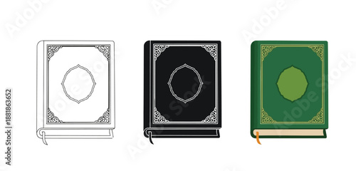 Holy Books Vector Set in Three Styles — Line Art, Silhouette and Color Version for Islamic Design, App UI, Posters and Branding