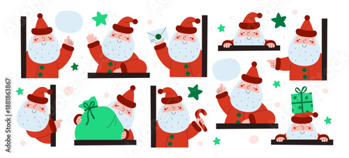Cute Santa Claus peeking with smile and cheerful face sharing Christmas greetings isolated set