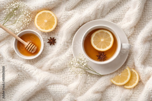 Cup of hot lemon tea with honey and spices on cozy knitted blanket, winter comfort drink