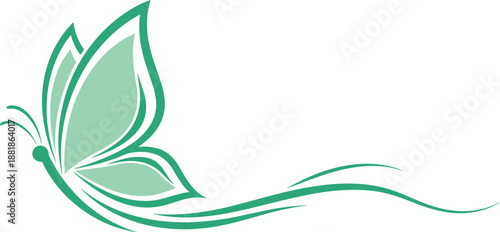 Green butterfly flying with elegant swirl lines vector illustration, artistic nature insect icon, graceful spring animal design, eco friendly organic beauty graphic.