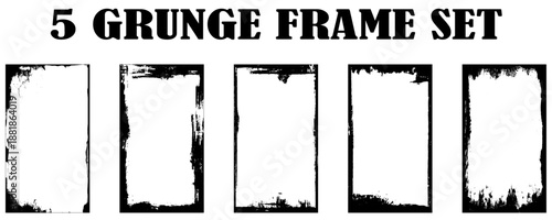 Photo border stroke set - minimalist black rectangular edges with scratched grungy perimeter and distressed worn texture. Realistic clean monochrome frames for vintage prints and scrapbook design.