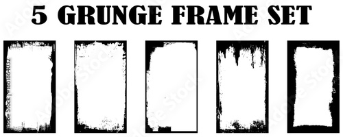 Photo border stroke set - minimalist black rectangular edges with scratched grungy perimeter and distressed worn texture. Realistic clean monochrome frames for vintage prints and scrapbook design.