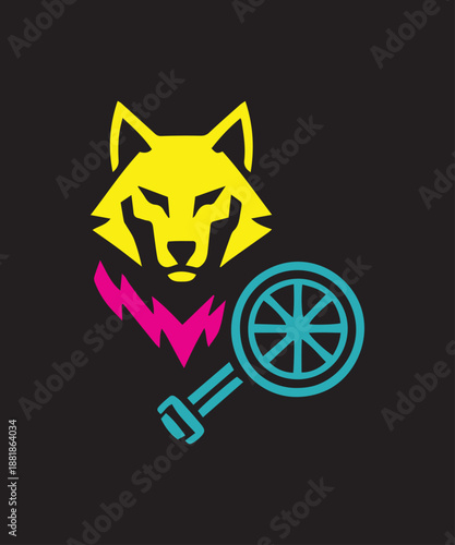 Vibrant wolf logo with neon key and wheel design on black background
