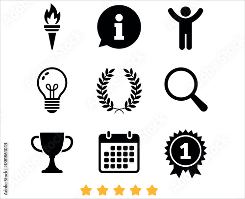 A comprehensive set of nine black and white icons for various concepts and achievements vector.