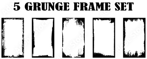 Photo border stroke set - minimalist black rectangular edges with scratched grungy perimeter and distressed worn texture. Realistic clean monochrome frames for vintage prints and scrapbook design.