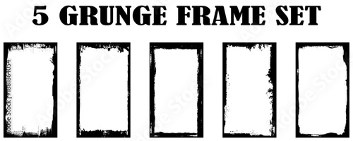 Photo border stroke set - minimalist black rectangular edges with scratched grungy perimeter and distressed worn texture. Realistic clean monochrome frames for vintage prints and scrapbook design.