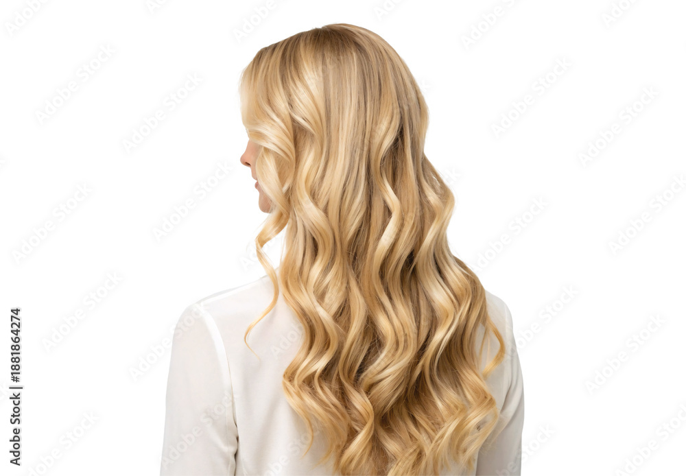 Naklejka premium Woman's back with long blonde wavy hair curls, isolated on a transparent background