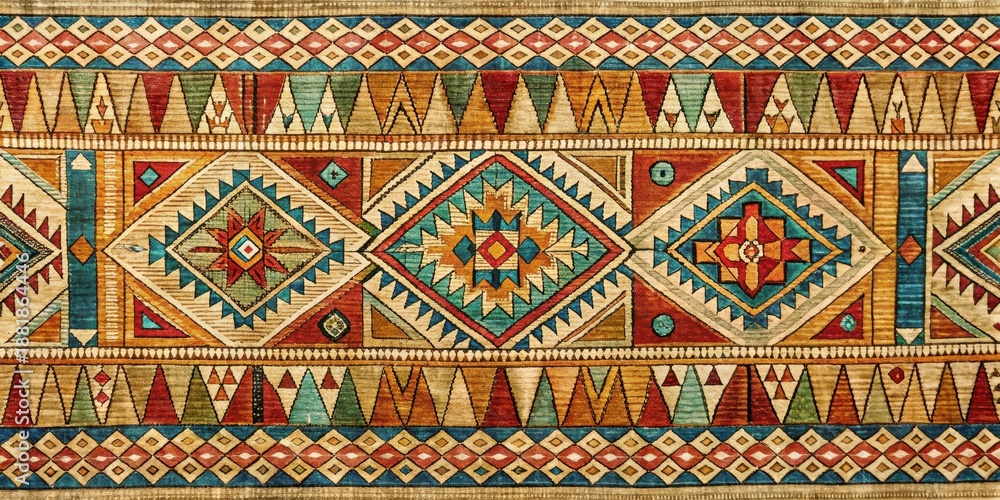 Ancient Egyptian geometric design on fabric with intricate patterns and shapes, created using traditional techniques
