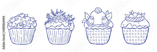 Simple ink easter cupcake illustration set. Hand drawn vector spring festive bakery elements