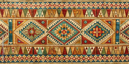 Ancient Egyptian geometric design on fabric with intricate patterns and shapes, created using traditional techniques